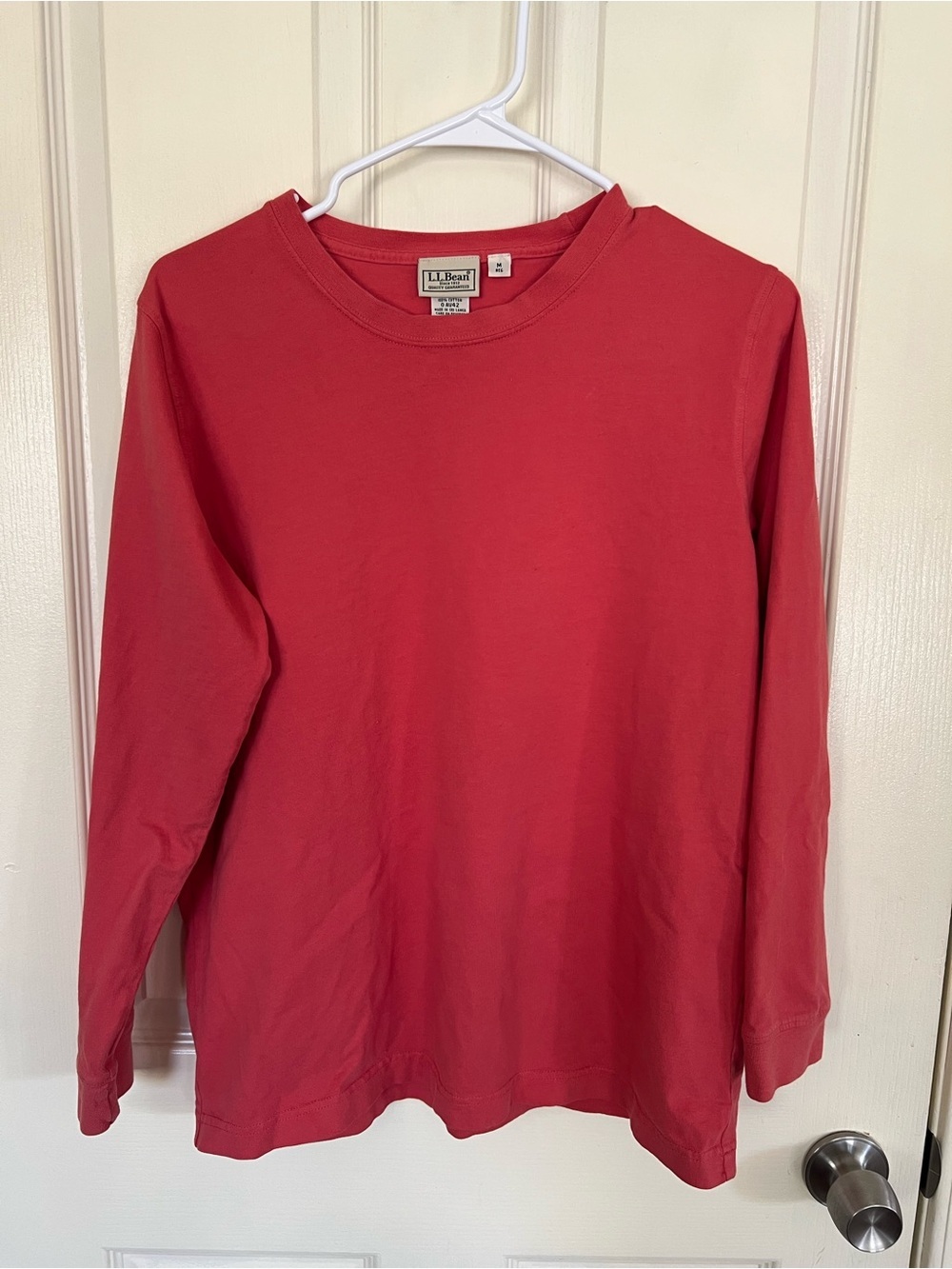 L.L.Bean Vintage Long Sleeve Cotton Tee Coral Pink M Regular Made Sri Lanka